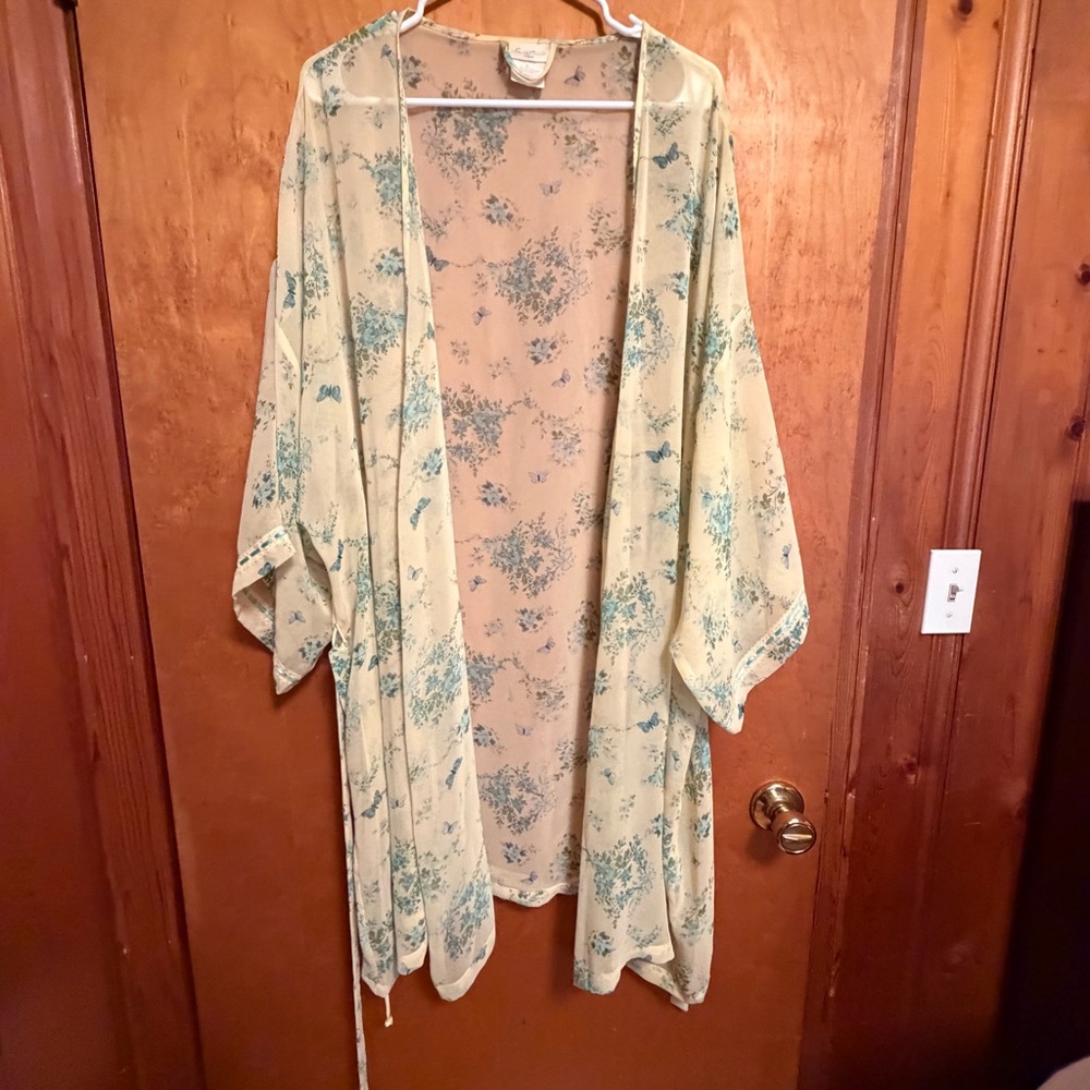 Secret Treasures Yellow Floral Sheer Kimono with Teal Accents